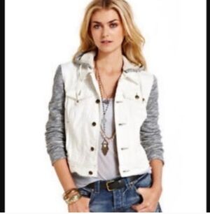 Free People White Jean Jacket With Sweatshirt Arms/hood - Like New